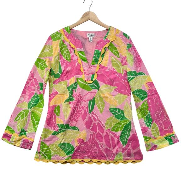 Lilly Pulitzer Tops - VTG 90s Lilly Pulitzer Womens M Tunic Top Pink Giraffe Ric Rac Trim Tropical